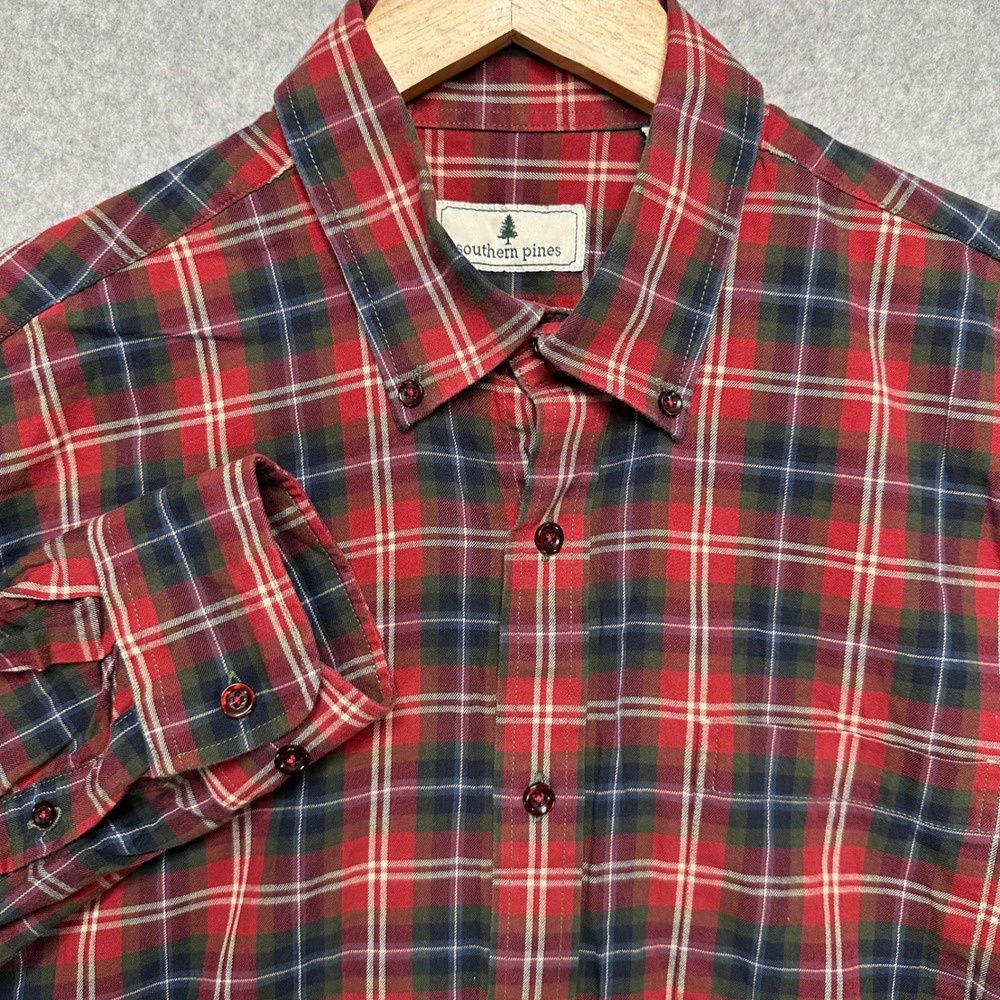 Southern Pines Mens Large Red‎ Plaid Button Down Shirt Long Sleeve 100% Cotton